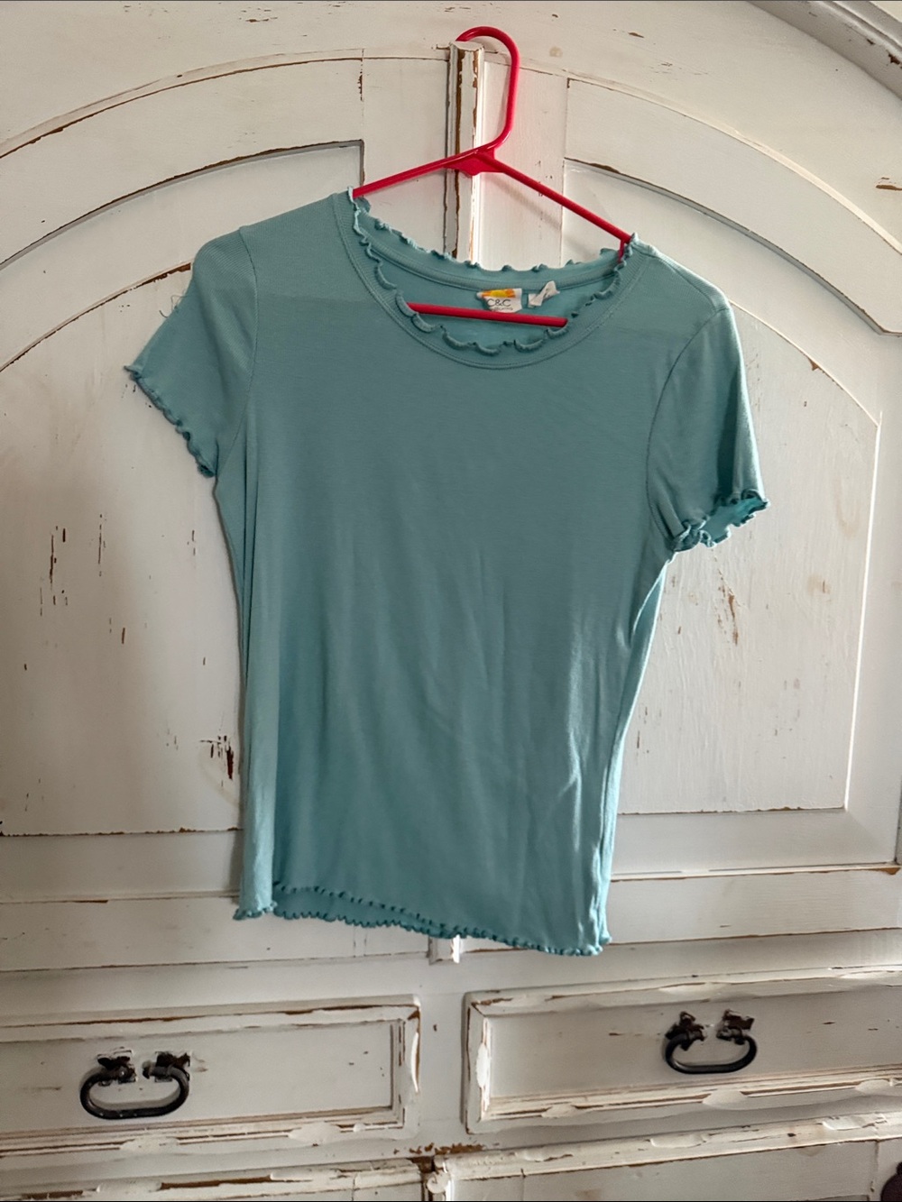 C&C California Light Teal Ruffle-Trim Short Sleeve Tee